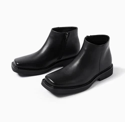 Luxury Fashion Black Men Casual Leather Shoes Autumn Winter Dress Ankle Boots Vintage British Business Square Toe Chelsea Boots