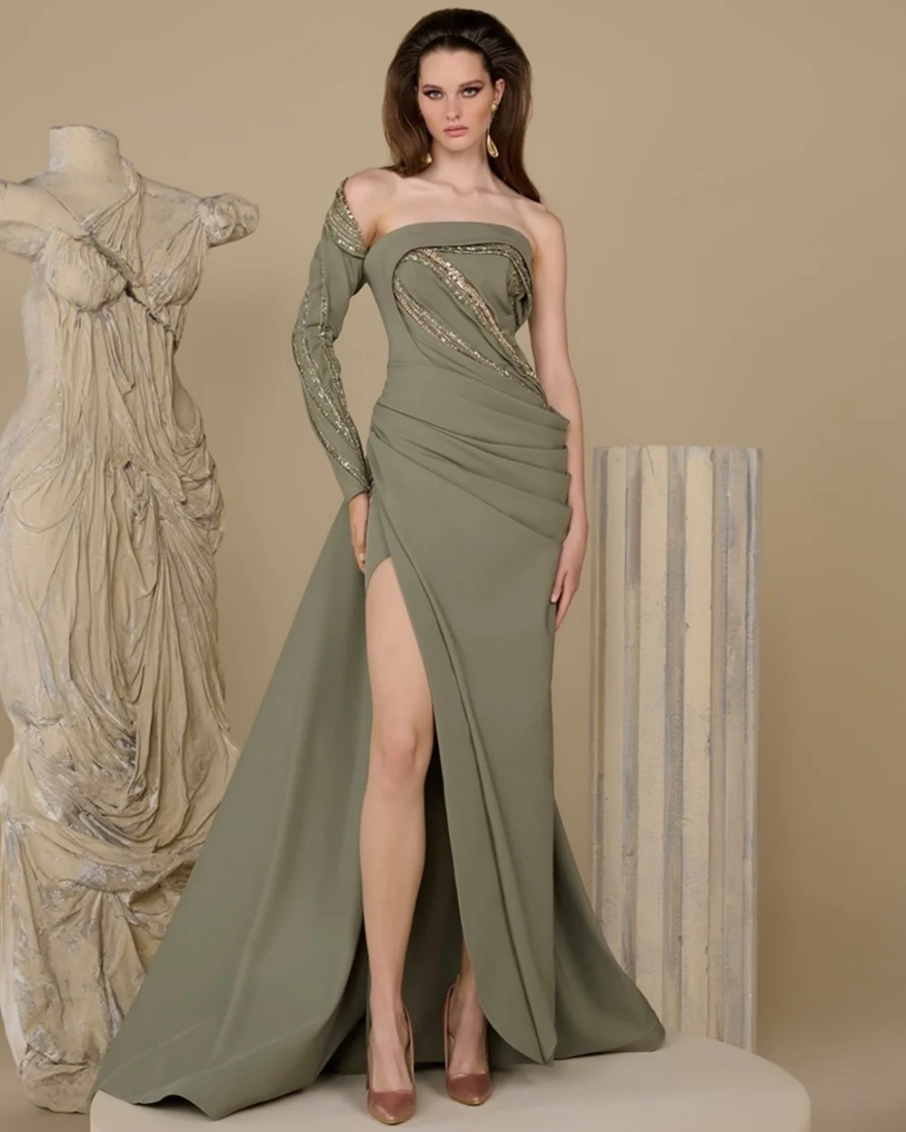 

Customized Fashion Women Jersey Rhinestone Beading Mermaid Evening Dresses Matching One-shoulder Long Sleeves Slit Prom Dresses