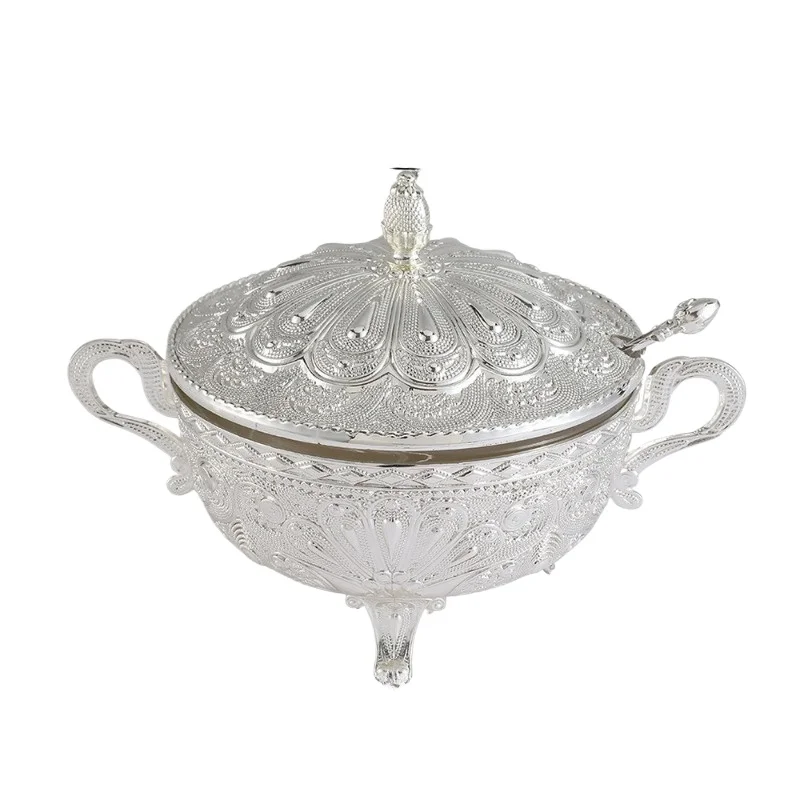 Europea Style Silver Peacock Pattern Sugar Bowl with LidSilver Alloy Spice Salt Cheese ContainerCoffeeBeanStorageJarKitchenDecor view 6