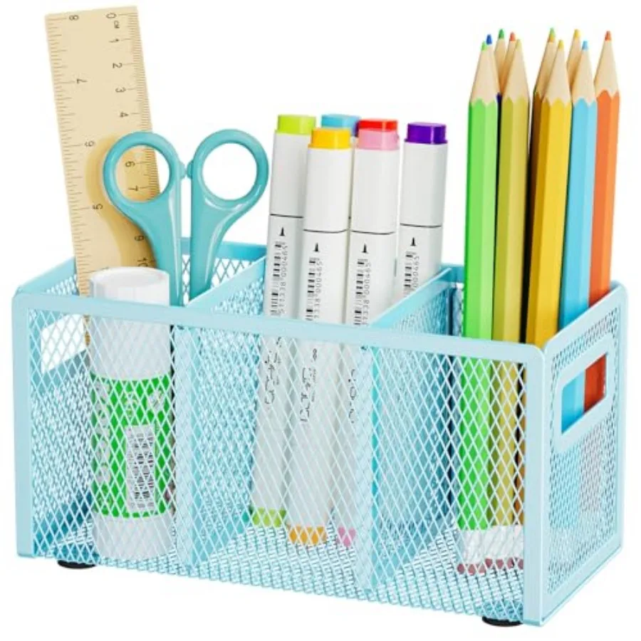 

Mesh Pen Holder for Desk, Pencil Holder Desk Organizer 3 Adjustable Compartments, Pencil Cup with Handle Perfect for Classroom,