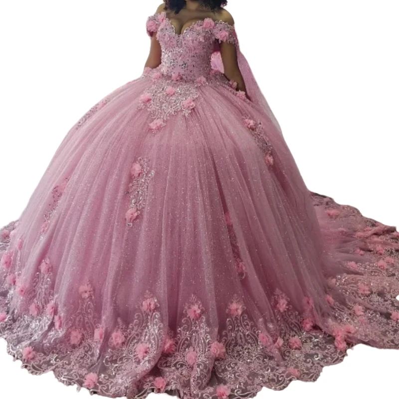 Vestido De quinceañera De princesa Rosa árabe saudita con manga, capa, manga De casquillo, Vestido De flores De XV Anos, Vestido De fiesta De cumpleaños, baile De graduación