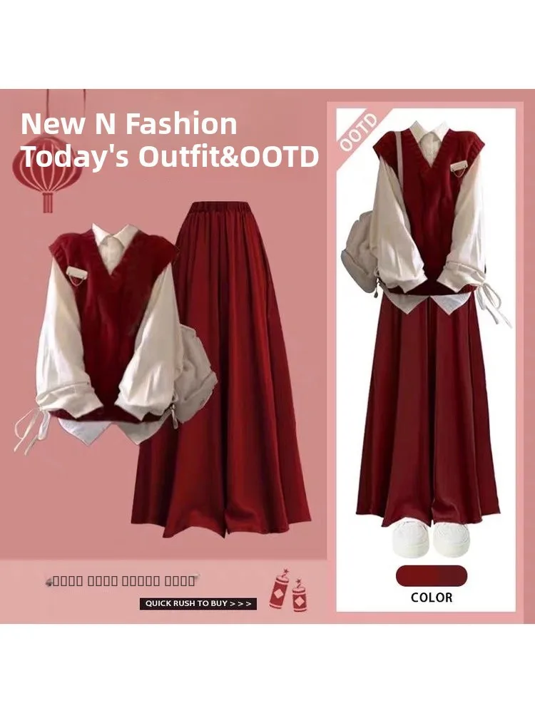 

Новогодний комплект, корейский вязаный свитер, жилет, свободный многослойный комплект из двух предметов, красный военный халат для колледжа, ансамбль Faion