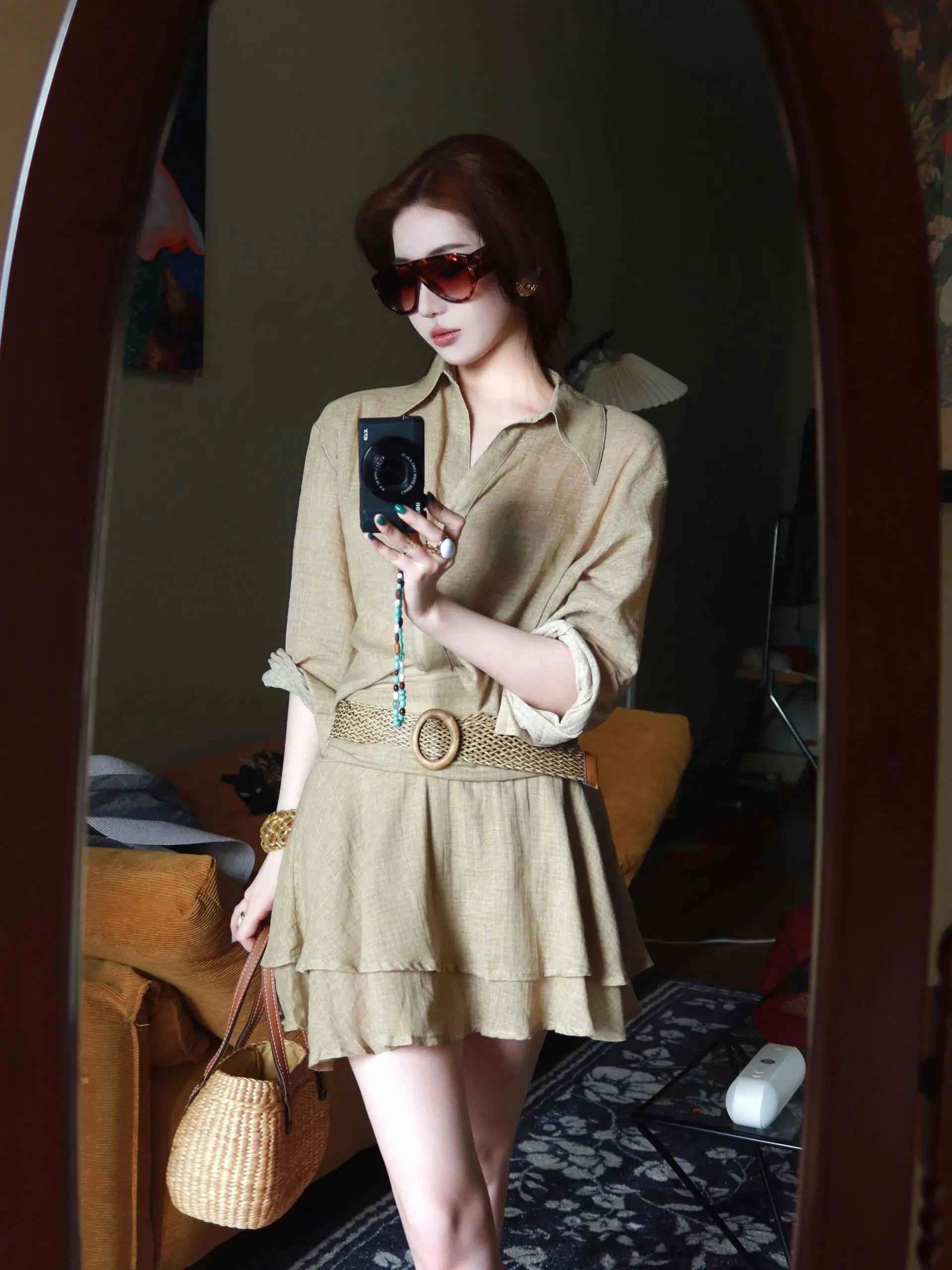 

Retro Kaki Color Long Sleeve Shirt High Waist Slim Fit Half Body Skirt Women Spring Summer Two Piece Set Collar Button up