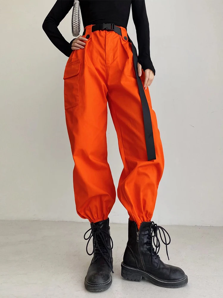 

2023 Women's Cargo Pants Sweatpants Solid High Waist Belted Casual Basic Trend Hipster Pockets Trousers Y2k Street Folds Joggers