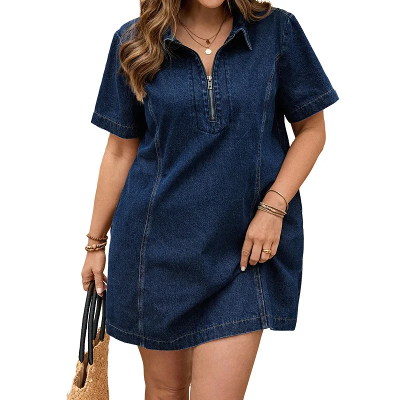 Summer Women's Casual Fashion Collar Denim Dress Medium to Long Short Sleeved Dress