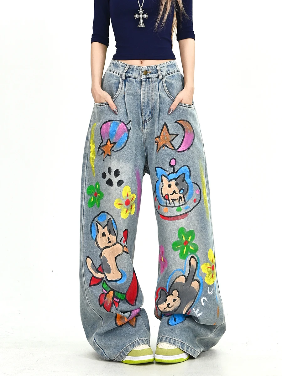 

Hand-Dn fiti Loose Women's Jeans Casual Vintage American Sle Wide Leg Pants Trendy Summer New Arrivals