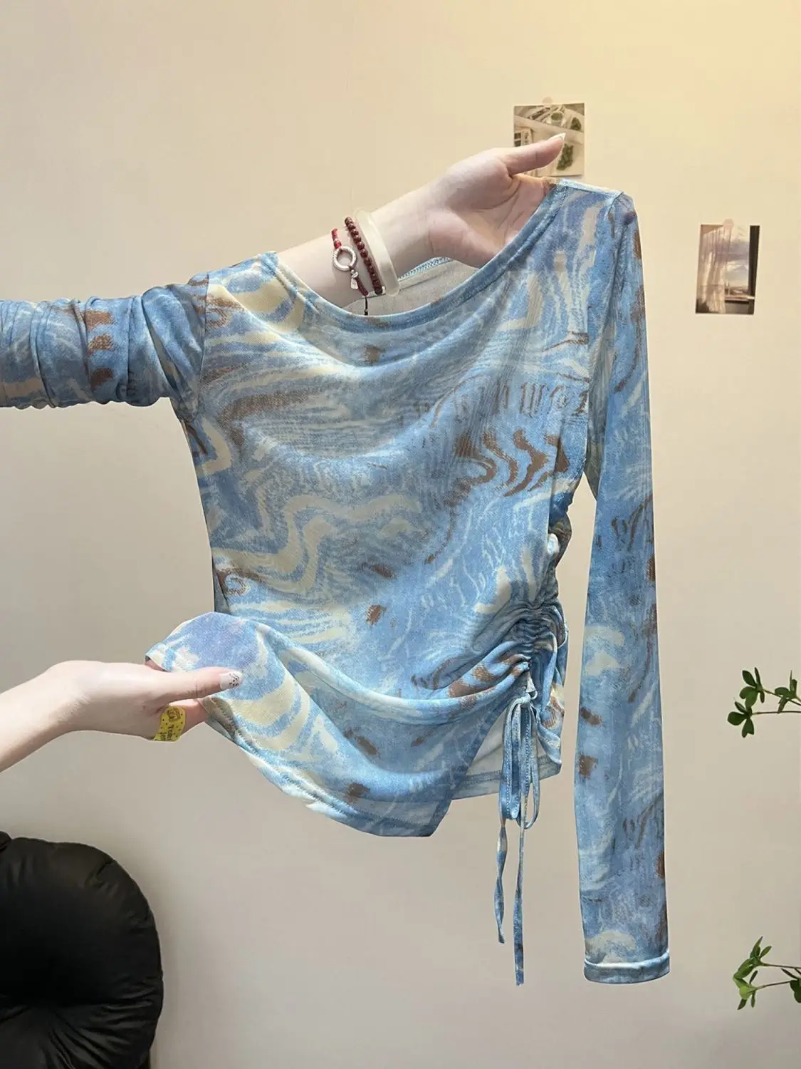 Millennial Retro Tie-Dye Mesh Sun Protective Shirt Summer Vacation Irregular Drawstring Long Sleeve Top with Design