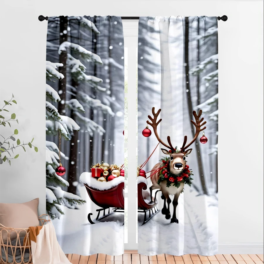 2PCS Christmas Winter Curtains, Reindeer Sleigh, Digital Print, Bedroom Living Room Kitchen, Rod Pocket Polyester, Home Decor
