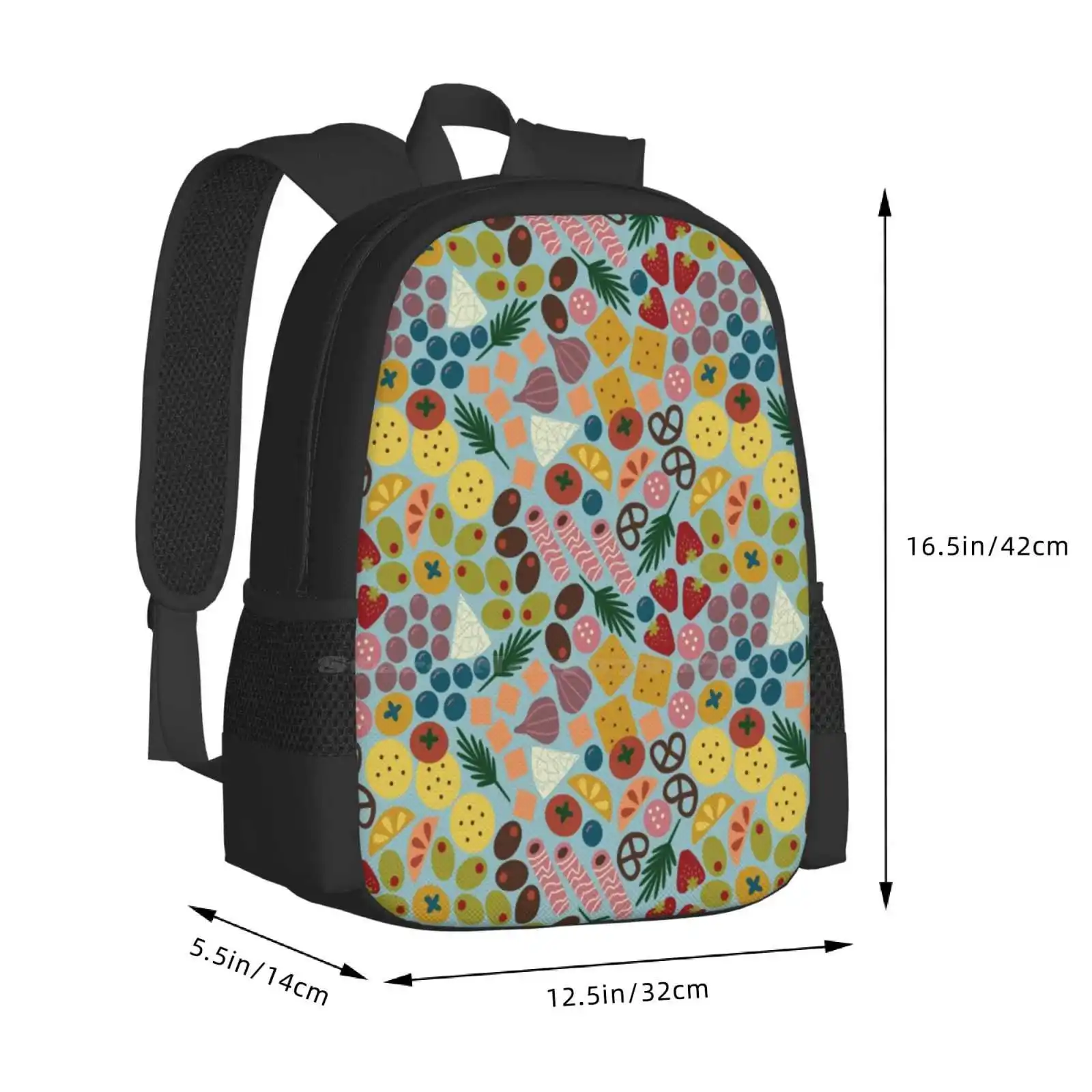 " Charming Charcuterie " Designer Food Fun Foodie Kitchen Fruit Print Large Capacity School Backpack Laptop Bags Repeating