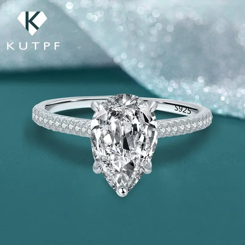 Water Drop Shape 1.5 Carat Real  Moissanite Engagement Rings For Women 100% 925 Sterling Silver Wedding Band Diamond Ring KUTPF