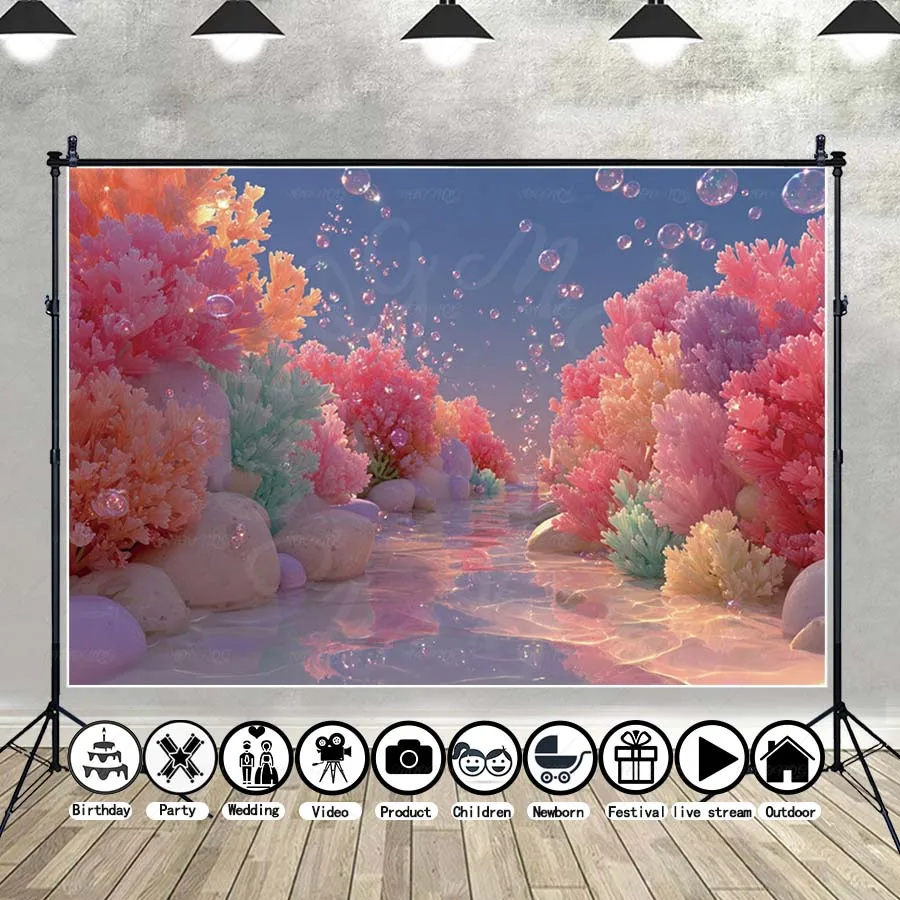 

MOON.QG Summer Underwater Aquarium Background Dolphin Pink Coral Sea Turtle Backdrops Photography Wallpaper Birthday Party Decor