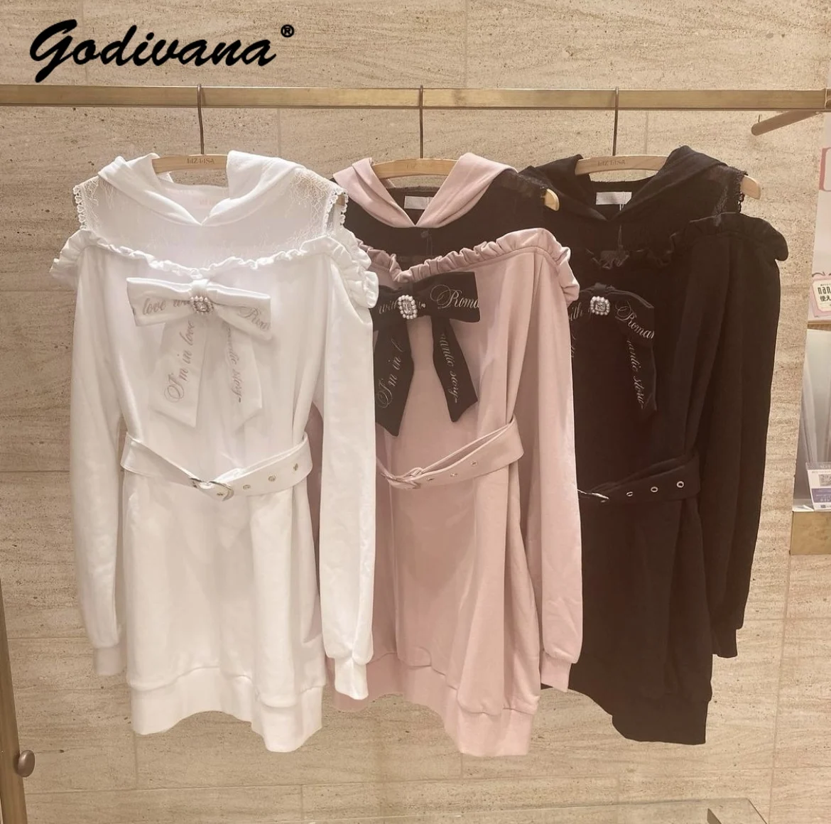 Sweet Girl felpa Dress Japanese iz Autumn New Hooded Lace Patchwork manica lunga lettera ricamata Bow Loose Hoodie Dress