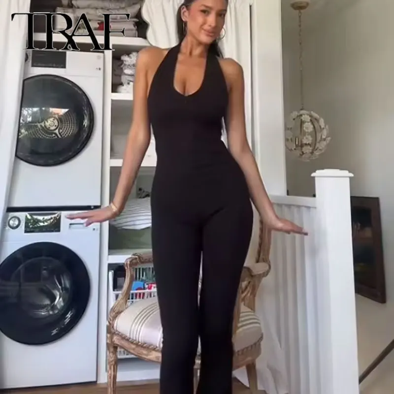 

TRAF Halter Neck Flare Jumpsuit For Women Elegant Backless Sleeveless Slim Fit Stretch One Piece Romper Street Chic Bodysuits