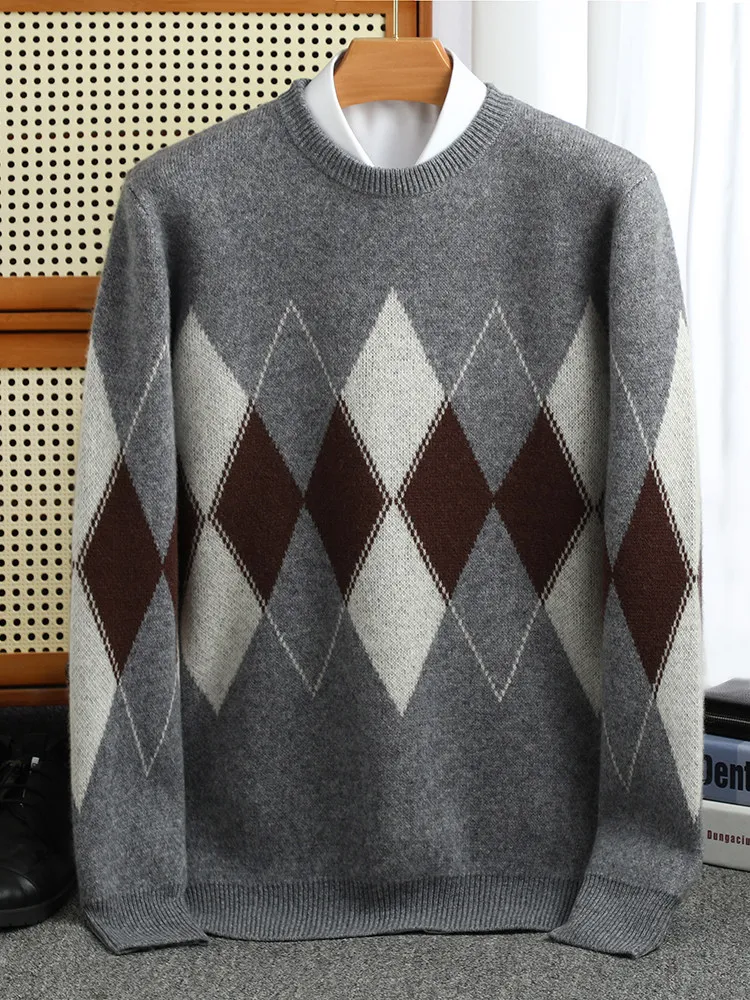 

100% wool sweater round neck thickened jacquard color matching sweater business casual light luxury cashmere knitted base
