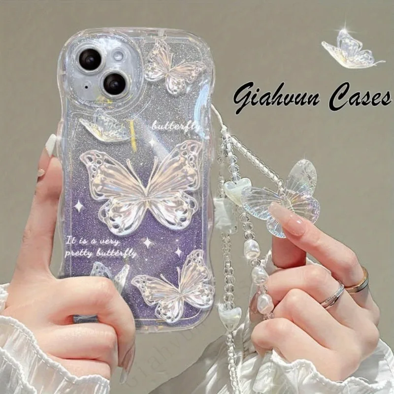 INS Butterfly Pattern Cream Wavy-edge Phone Case For iPhone 17 16 15 14 13 12 11 Pro Max 16E With Butterfly Bead String Cover view 5