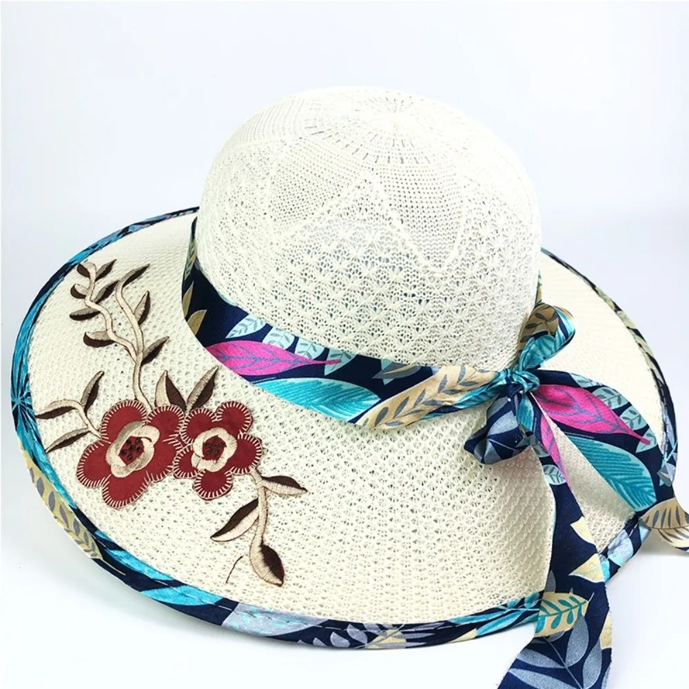 

New Wide Brim Flower Embroidery Hat Foldable Flower Printed Panama Hat UV Protection Knitted Straw Beach Cap Women Summer