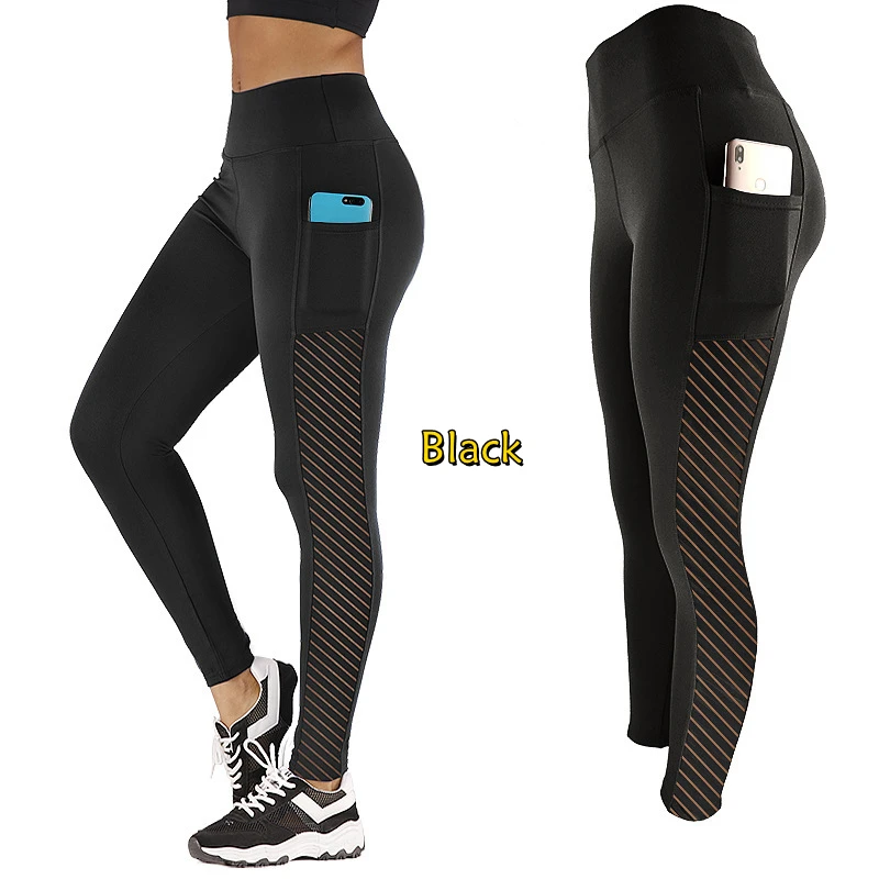 Fashion Women High Waist Mesh Splice Leggings with Pockets Skinny Pants Comfy Stretchy Trousers Breathable for Sport Yoga Fitnes