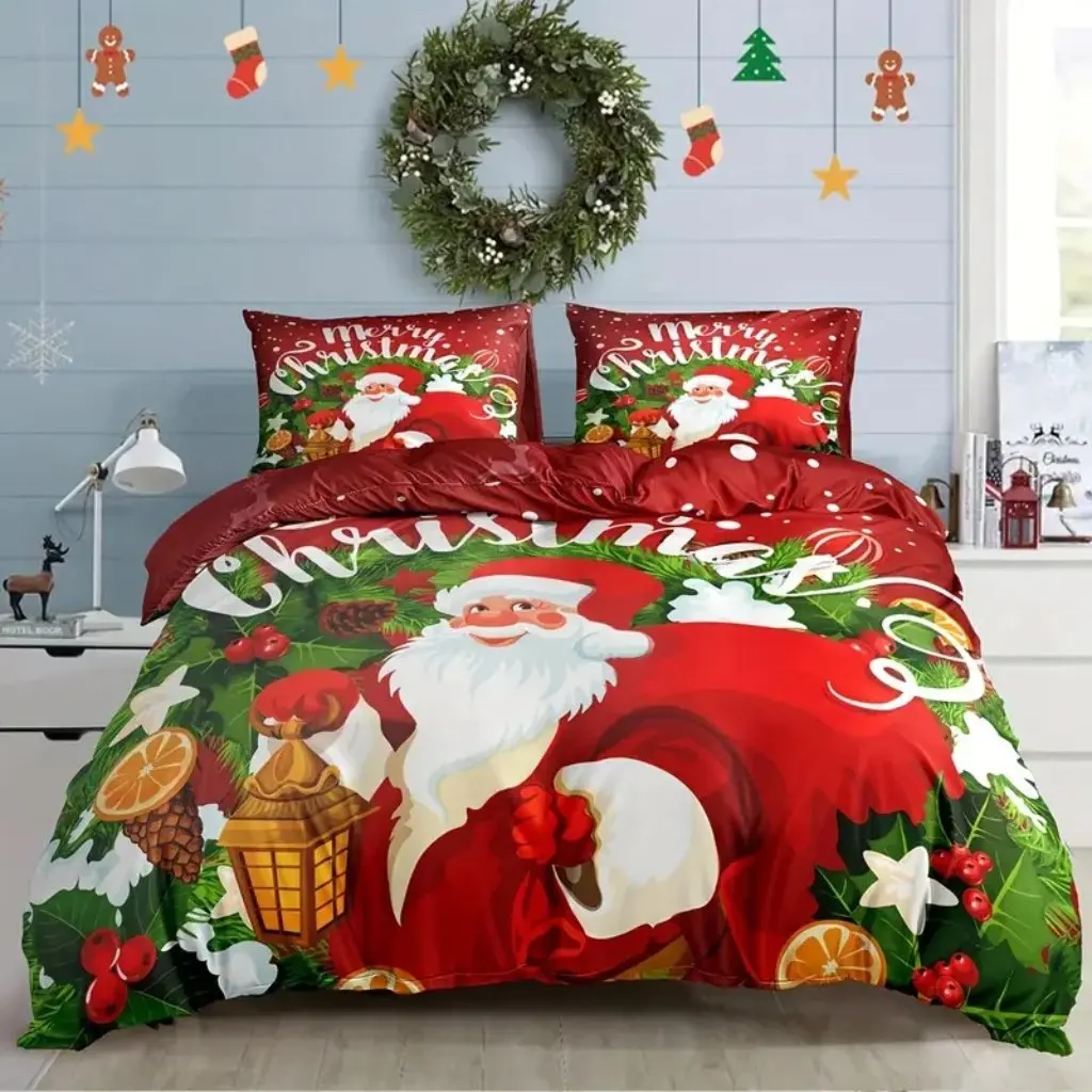 Christmas Duvet Cover Set, Cartoon Santa Claus Print Bedding Set, Soft Comfortable Duvet Cover Christmas Home Decoration