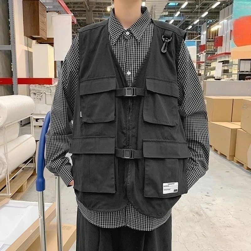 Men's Spring Autumn Retro Hip Hop Pure Cotton Workwear Vest Military Functional Japanese Style Loose Fit with Multiple Pockets