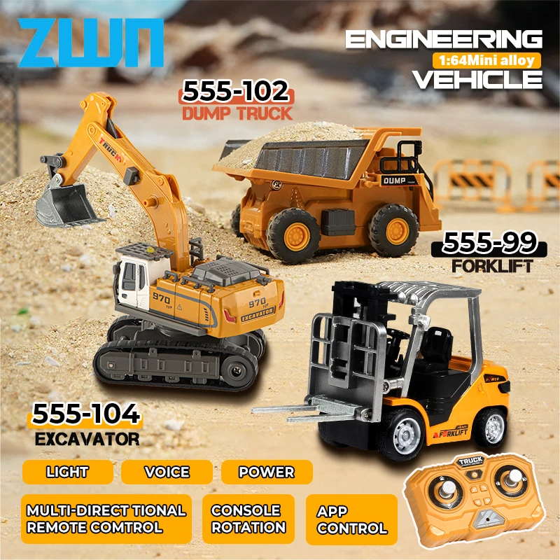 ZWN 1:64 RC Model Car 2.4G Remote Control Excavator Dump Truck Forklift Alloy Plastic Simulation Construction Vehicle Kids Toy