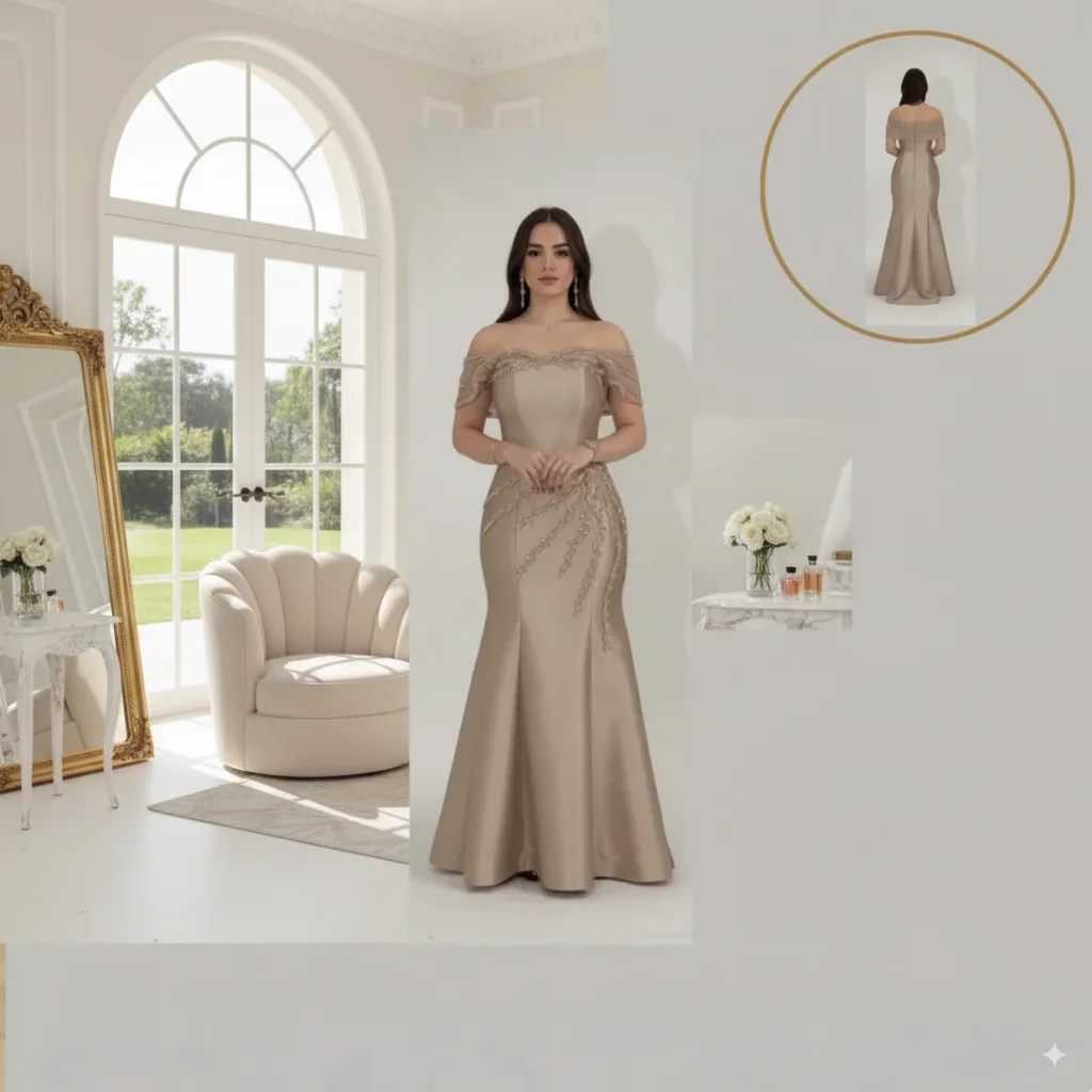 

Женское вечернее платье цвета шампанского по индивидуальному заказу для особых случаев в Саудовской Аравии 2025 с открытыми плечами и вышивкой русалки