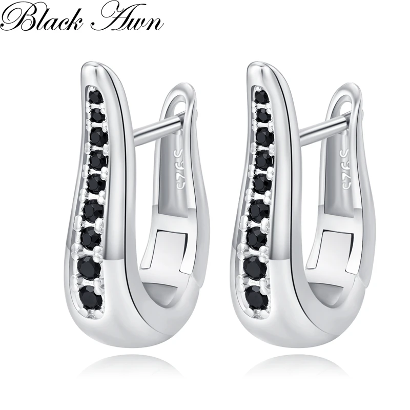 

2024 New Black Hoop Earrings For Women Classic Silver Color Trendy Spinel Engagement Fashion Jewelry I281