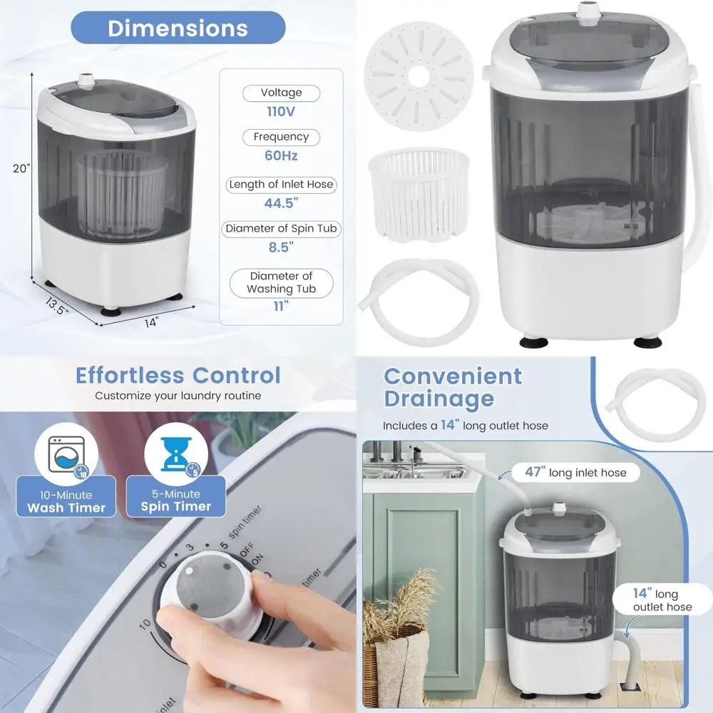 

Компактная стирально-сушильная машина 5,5 фунтов, полуавтоматическая мини-стиральная машина с сливным шлангом для автодомов и квартир (серая)