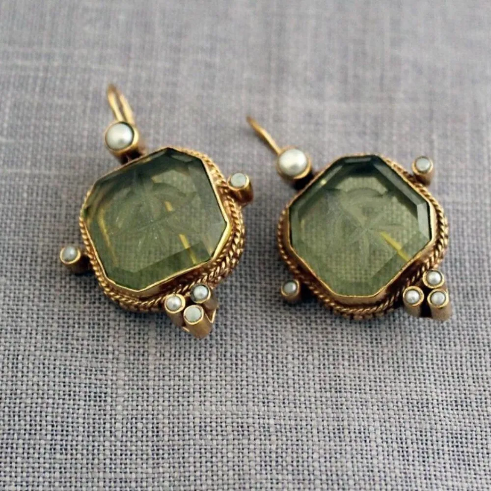 Fashion Square Shape Dangle Earrings New Vintage Trend Green Color Pearl Sweet Elegant Green Zircon Earrings Jewelry Accessories