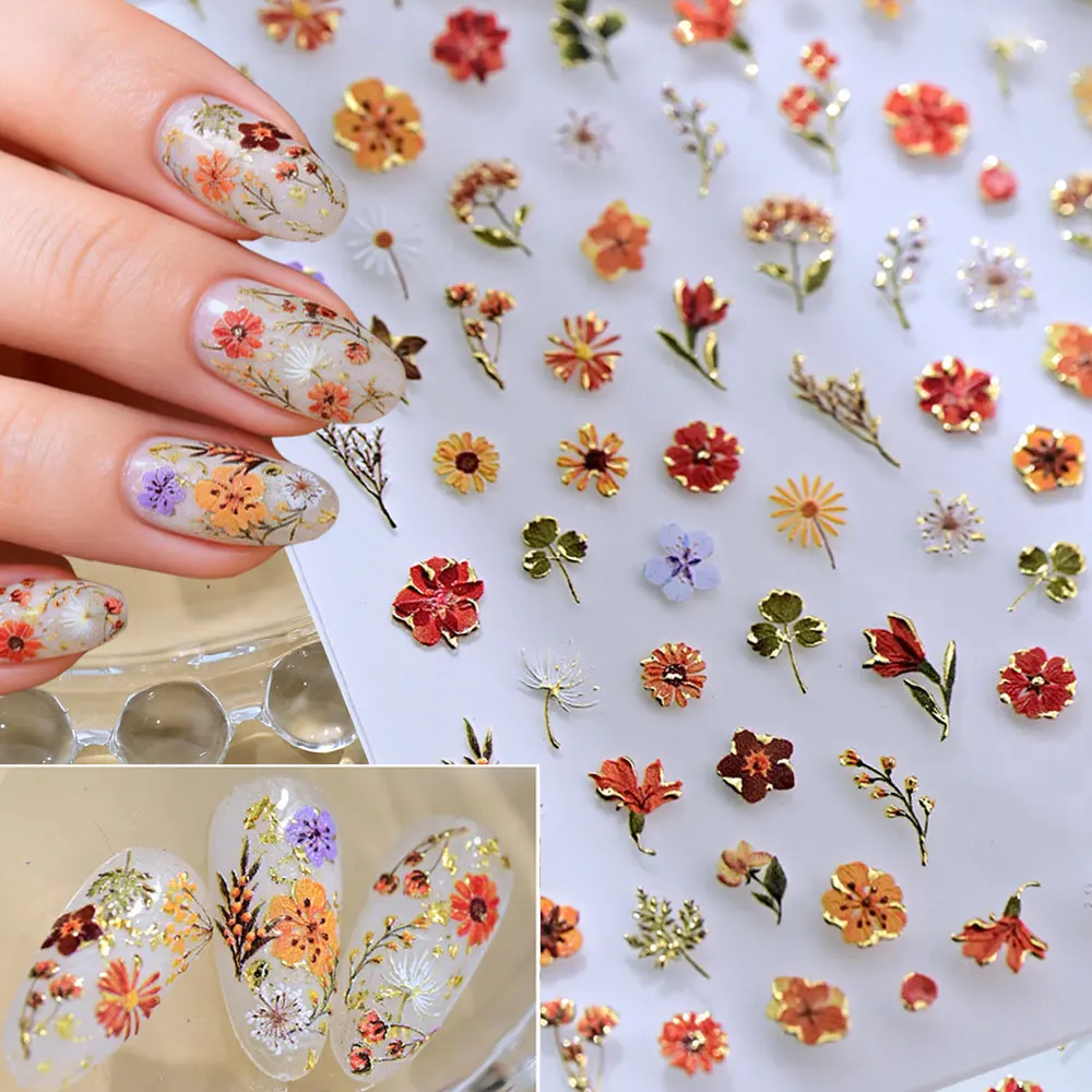 1pcs 5D Bronzing Gold Daisy Sunflower Nail Stickers Spring Summer Floral Leaf Nail Decals Adhesive Dried Flower Nail Supplies @