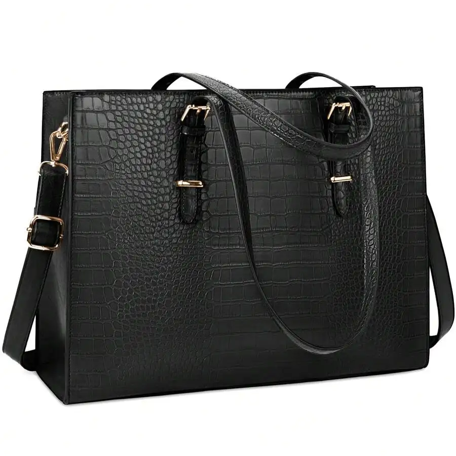 Women's PU Laptop Bag 15.6 Inch Laptop Tote Bag Briefcase Work Waterproof Handbag Shoulder Bag Business Office Bag Black