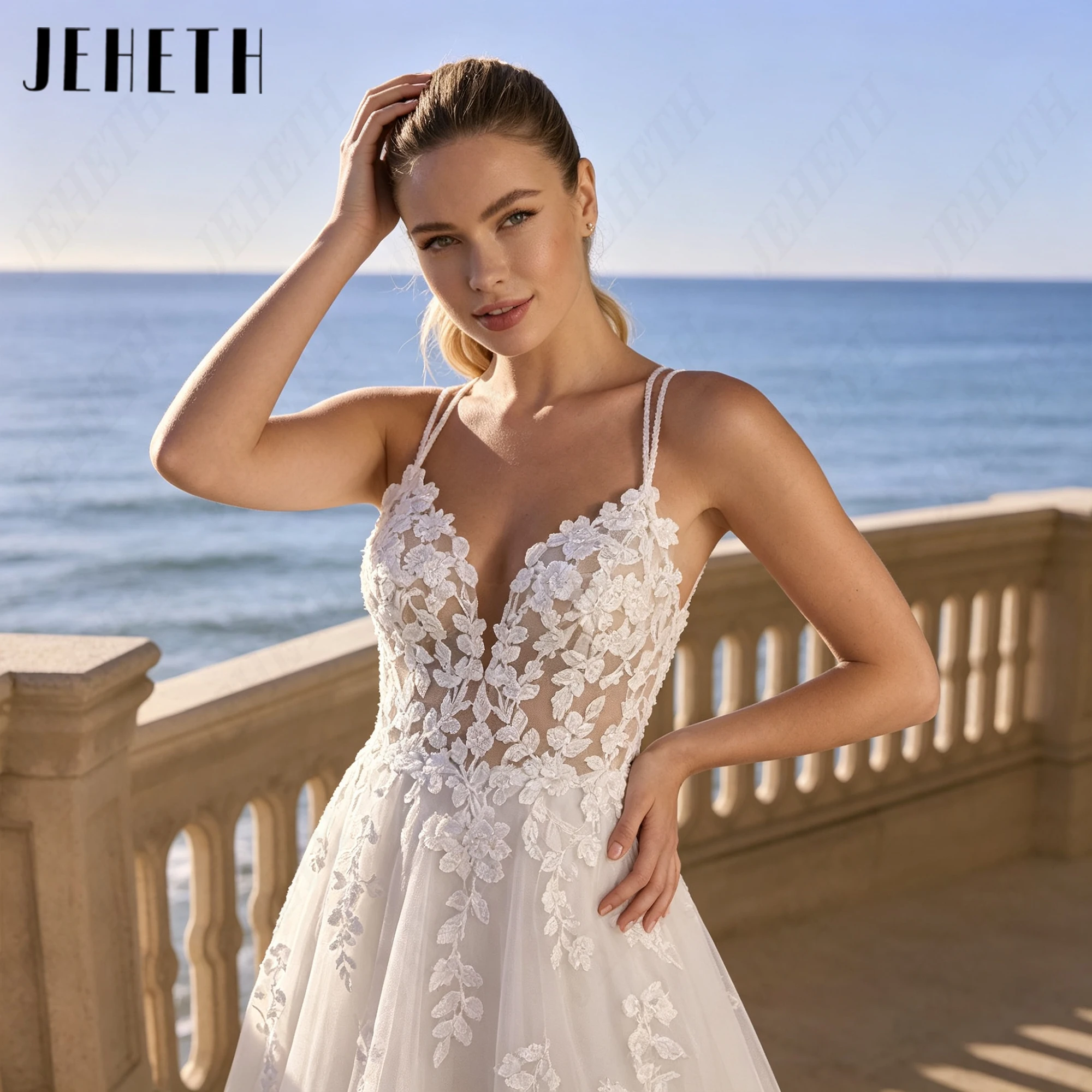 JEHETH Bohemian Lace Applique Civil Wedding Dresses A-Line Spaghetti Straps Backless Bride Gowns V-Neck Tulle Personalized