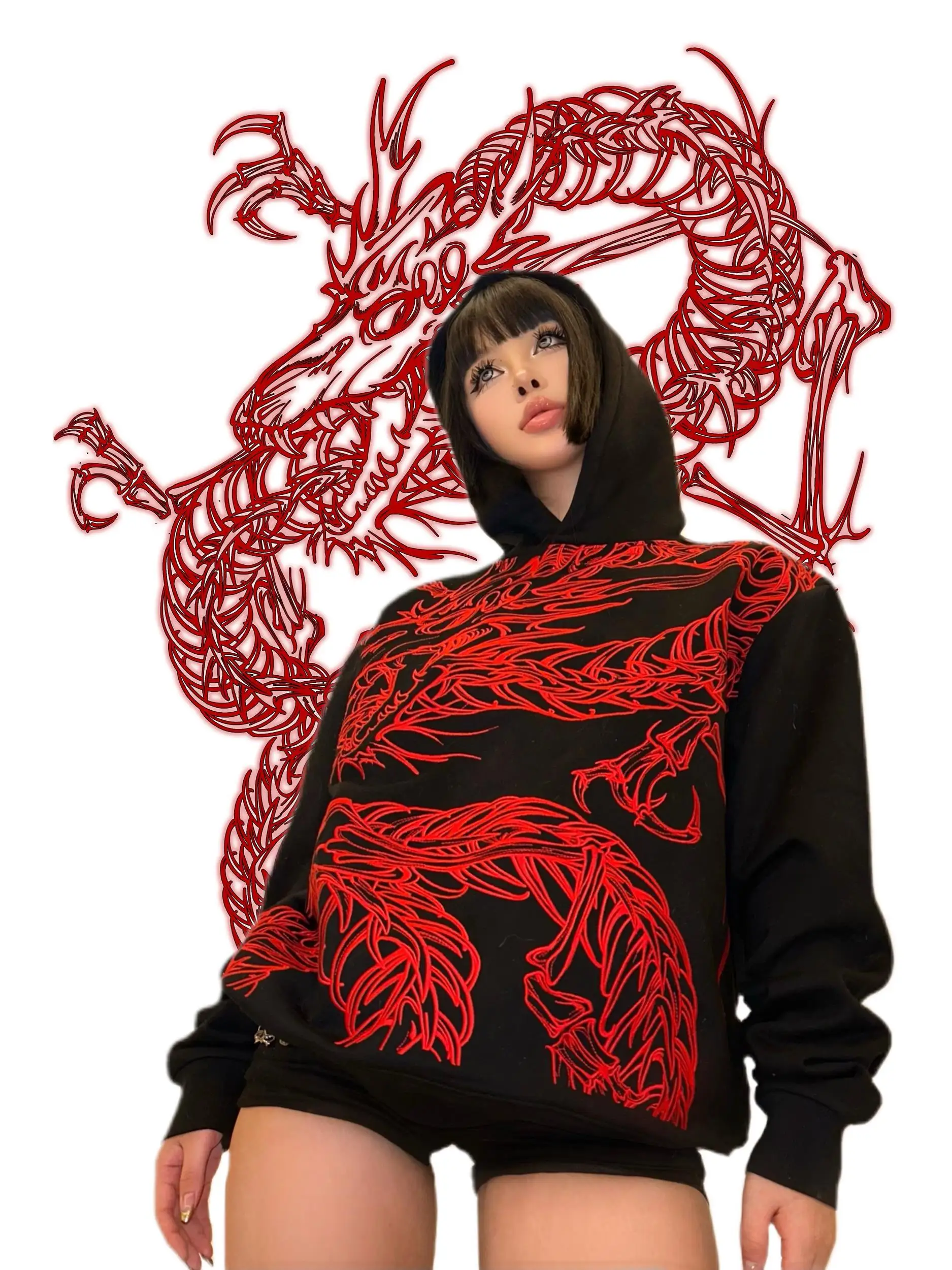 Sudaderas con capucha Y2k para mujer, sudadera gótica de estilo chino con dragón bordado de gran tamaño, Sudadera con capucha informal Harajuku para parejas, jersey de manga larga