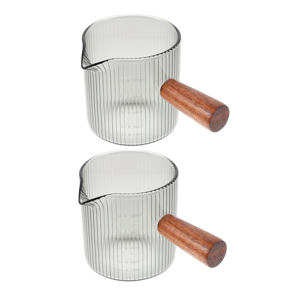 

2Pcs Mini Milk Jug Glass Wood H Coffee Creamer Container Transparent Dispenser Home Cafe Glass Pitchers Milk Syrup