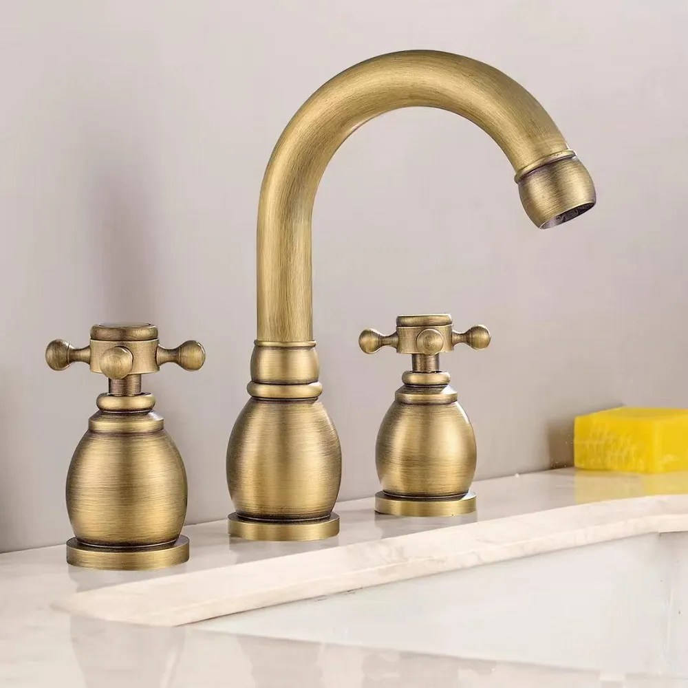 Torneira giratória para pia de banheiro, torneira de latão antigo com 3 furos, torneira misturadora anf993