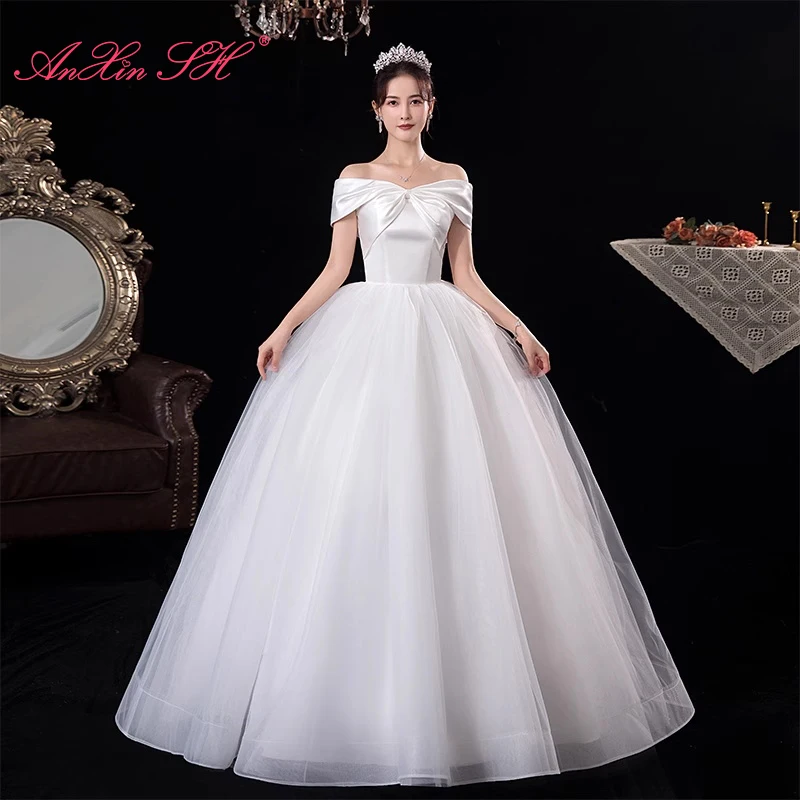 AnXin SH princess white satin lace boat neck big bow sleeveless bride ball gown lace up bride customized wedding dress