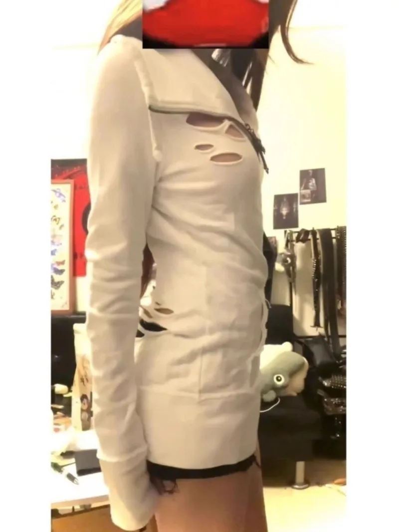 Retro Old Ripped Japanese Rock Hot Big Lapel Cross Zipper Slim Fit Sexy Solid Color Sweater For Women