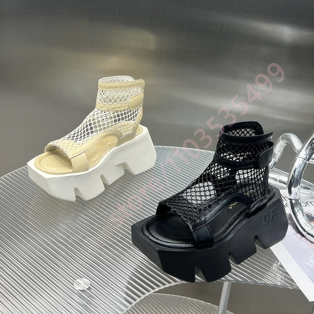 2026 Mesh Cutout Platform Women Sandals Adjustable Buckle Ankle Strap Geometric Chunky Sole Open Toe Streetwear Summer Shoes
