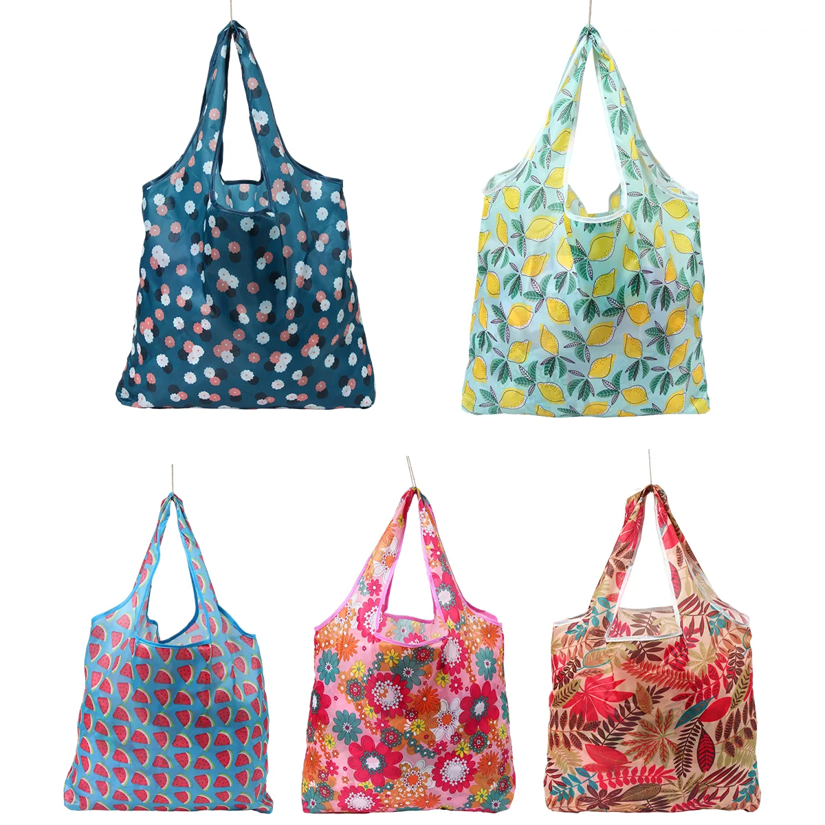 

5pcs Foldable Shopping Bag Reusable Travel Grocery Bag Eco-Friendly Cute Animal Plant Printing Portable Supermarket Shopping Bag