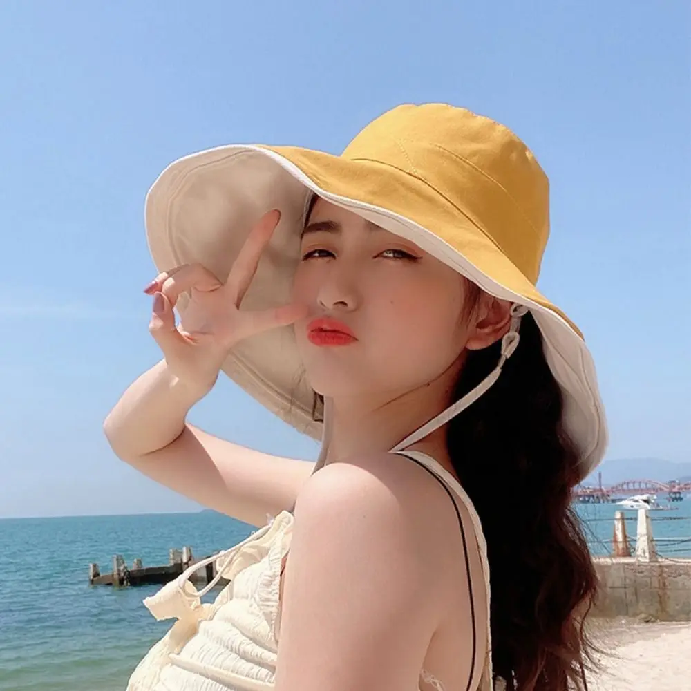 

Broad-edged Double-sided Wear Fisherman's Hat Soft Versatile Bucket Hat Removable Windproof Rope Foldable Women Sun Cap Vacation