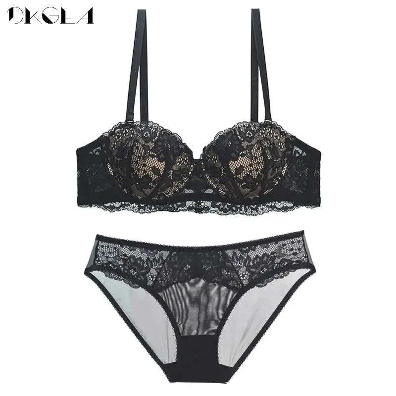 New Lace Lingerie Plus Size Women Underwear Sets Sexy Thick Padded Push Up Bra Set Female Black Embroidery Brassiere 1/2 Cup