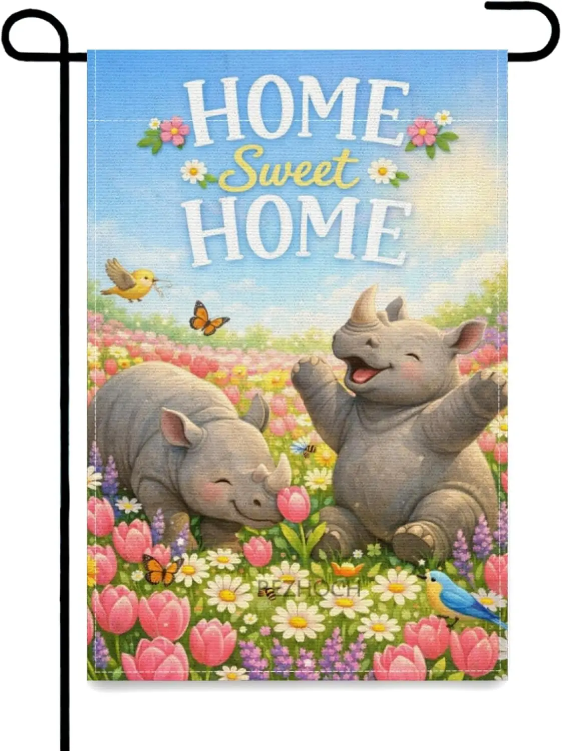 Home Sweet Home Spring Summer Welcome Garden Flag 12x18Inch,Cute Fun Rhinoceros Flower Field Tulip Daisy Yard Outdoor Decor, AAS