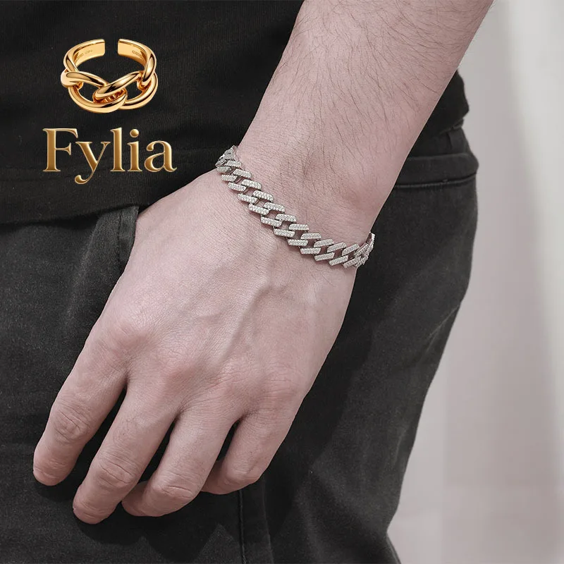 

Fylia Jewelry Luxury Solid Platinum PT950 Cuban Bracelet Men's Diamond Ins Fashion Hip Hop Bracelet