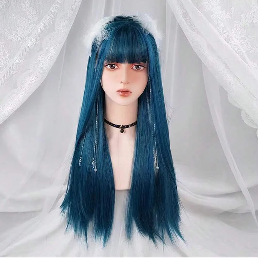 GAKA Dark Blue Long Straight Synthetic Lolita Cosplay Wig With Bangs For Women Party Darily Headgear Red Pink Blonde Hair