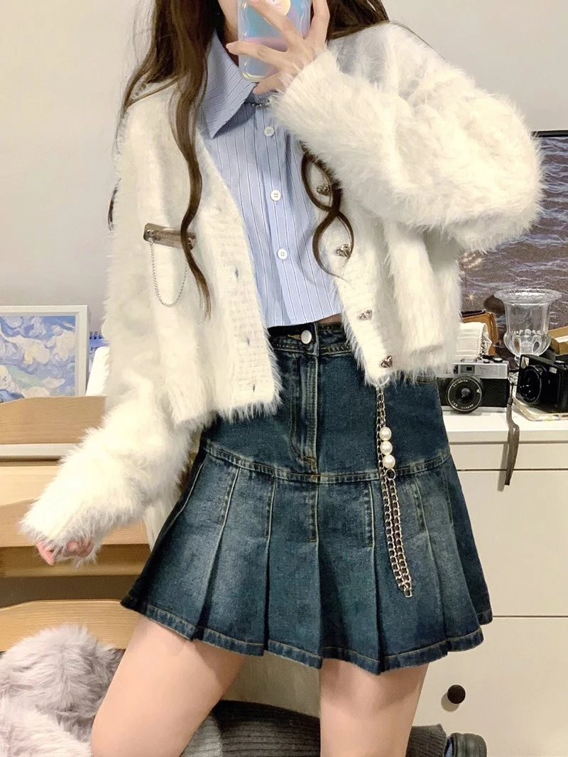 Single Love Breasted White Furry Cardigan Sweater Women Autumn Winter Short Style Loose Soft Fashion Versatile V-neck Knitted