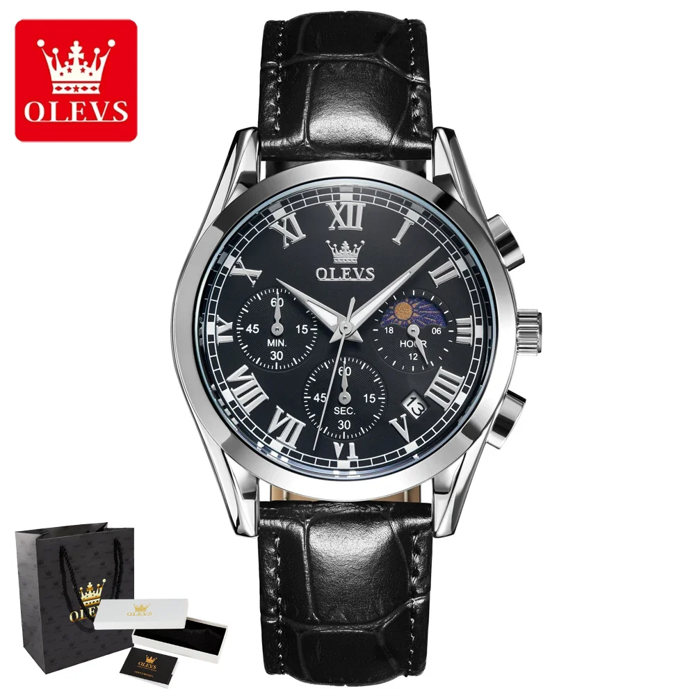 OLEVS 2871 Men's Watches With Gift Box Fashion Leather Strap Classic Chronogrpah 24Hour Moon Phase Waterproof Quartz Watches Man