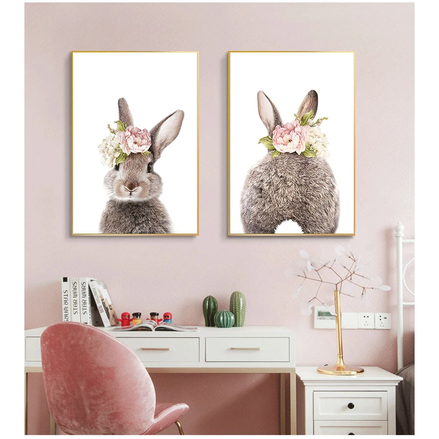 Custom Name Poster Bunny Print Nursery Wall Art Pink Flower Pictures Nordic Baby Room Decoration Rabbit Canvas Painting Girl\'s