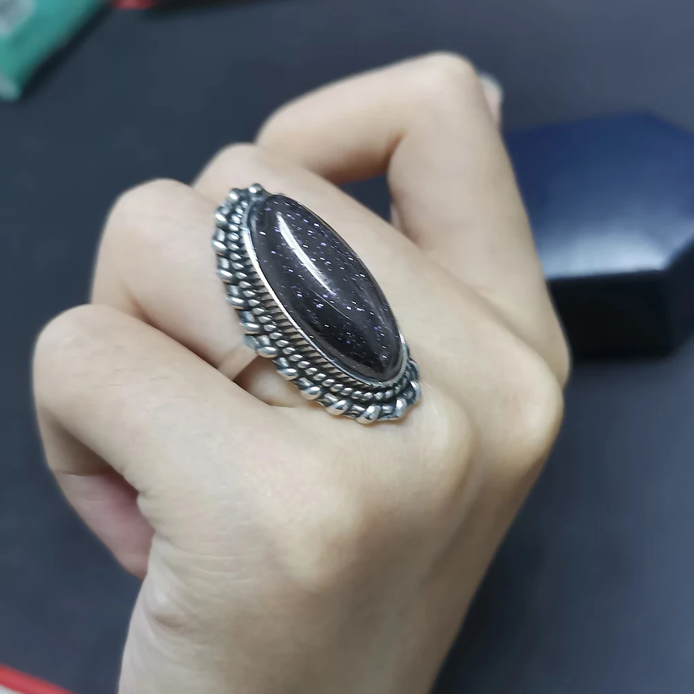 925 Sterling Silver Ring Jewelry Vintage Blue Sandstone Large Stone Luxury Elegant Ring Fine Gift Rings for Women Men