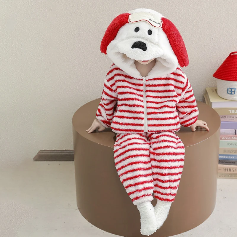 

Winter Child Pajamas Striped Puppy Kids Hooded Home Suits For Girls Boys Cute Cartoon Plush Outerwear 2-Piece Set Hot Thicken