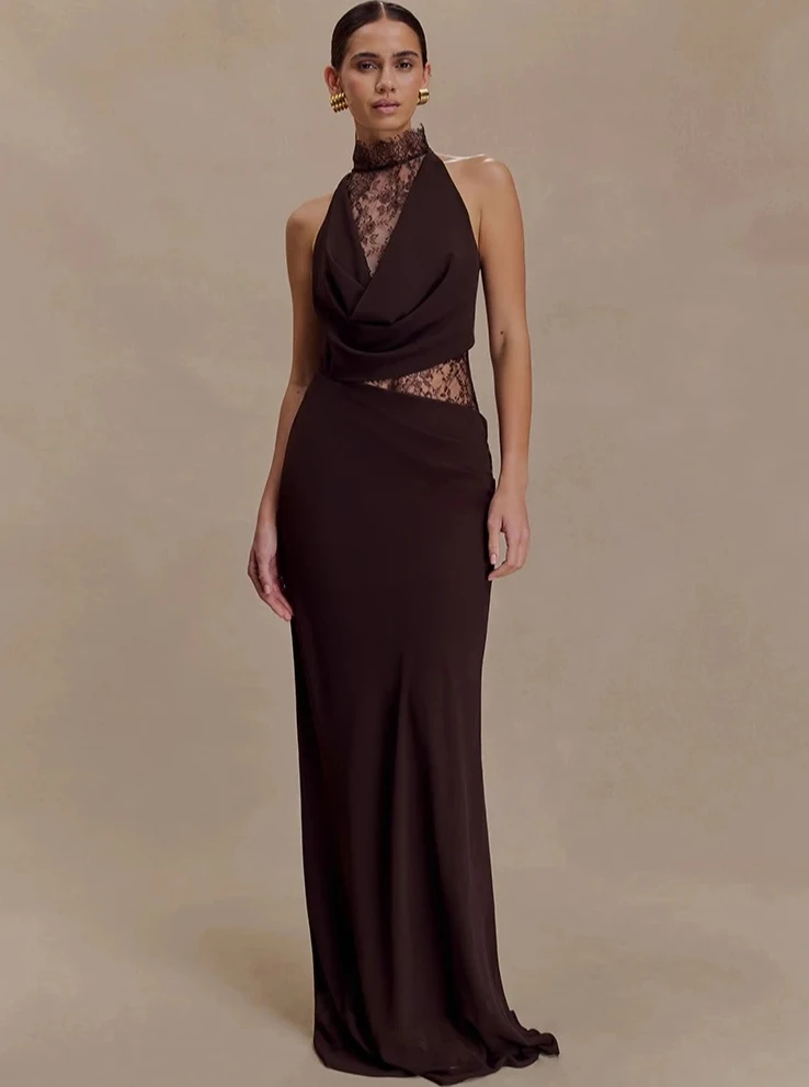 

Women's Lace Hollow Out Maxi Dress, Backless High Waist Sexy Gown, Elegant Sleeveless Ruched Bodycon Club Party Dress