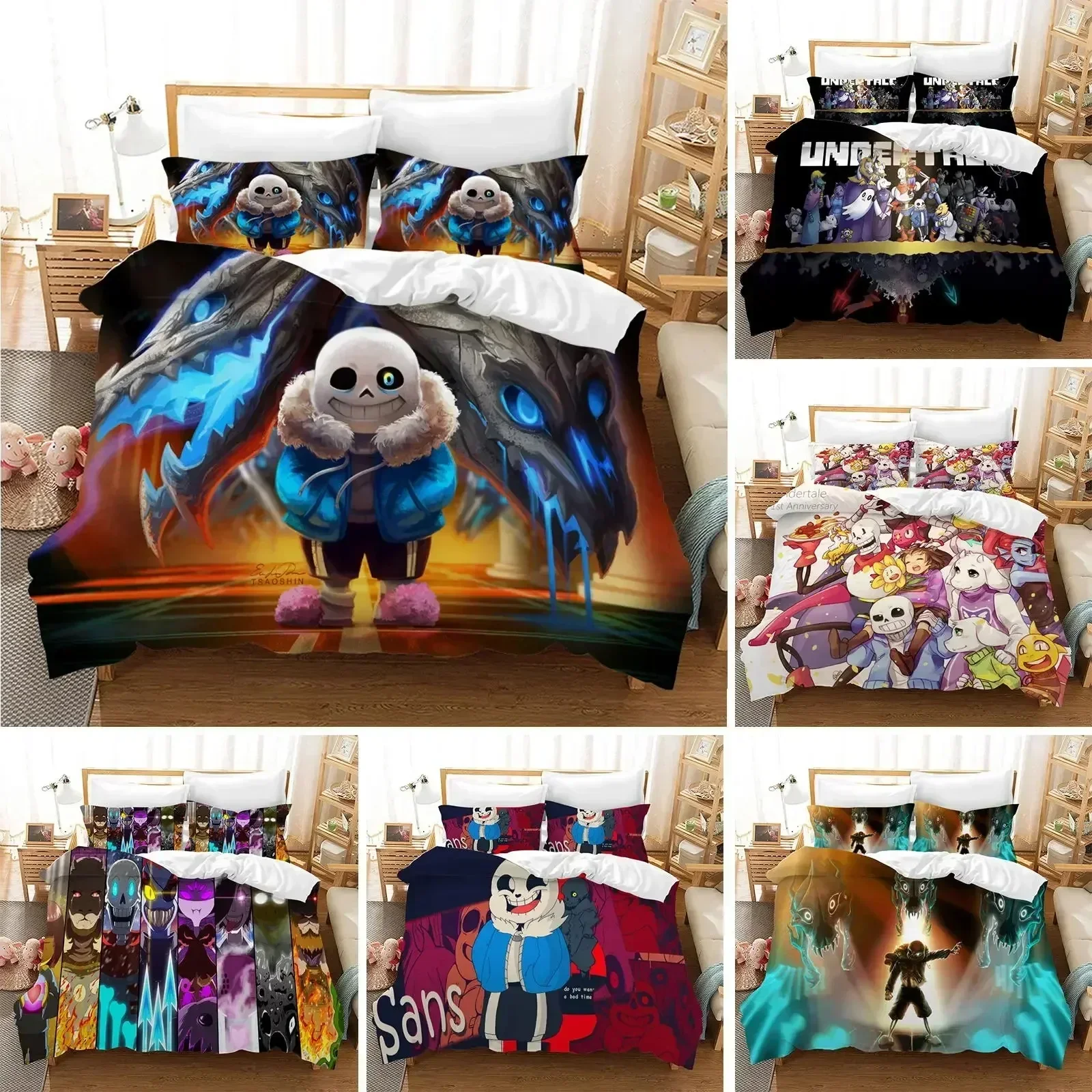 

Undertale Game Frisk Sans Papyrus Pattern Bedding Set Duvet Cover Sheet Printed Pillowcase Bed Queen King Size Comforter Bedroom